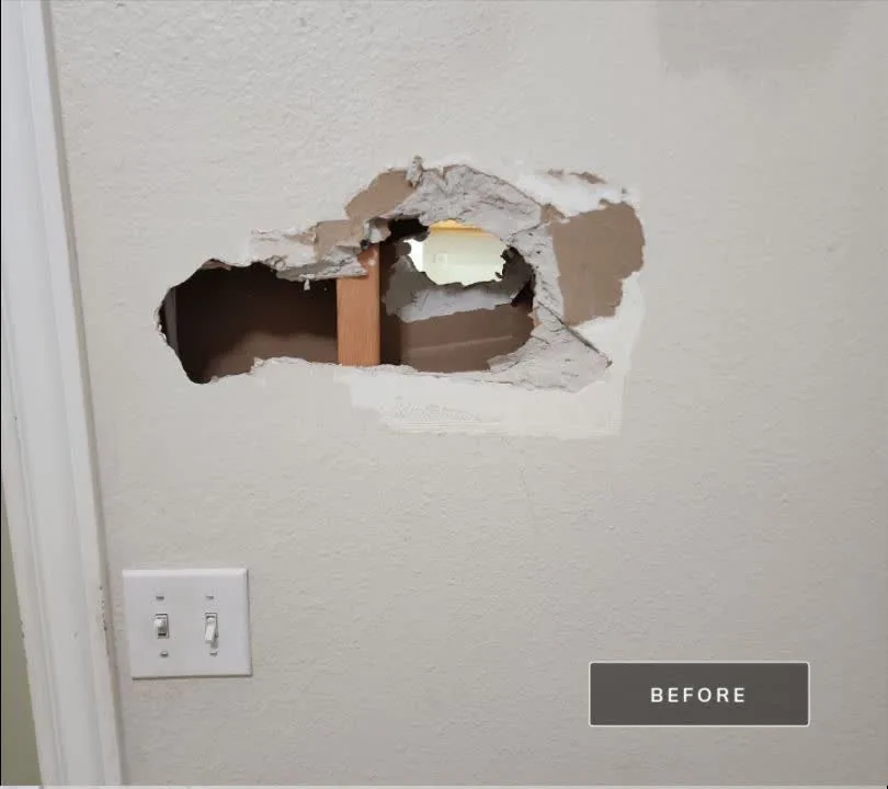 Before: large drywall hole repair